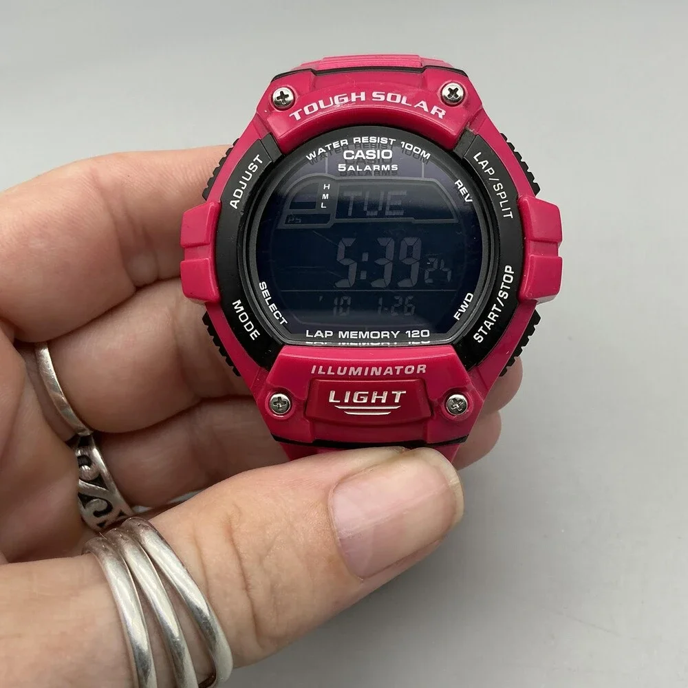 Casio W-S220 Mens Watch 48mm Digital Black Pink Tough Solar Illuminator 100m WR